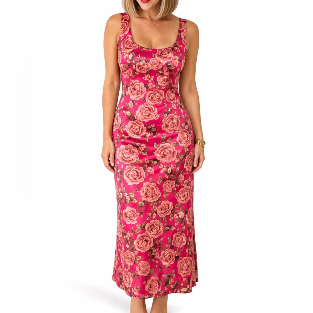 Pink Floral Maxi Dress Sleeveless Rose Print M